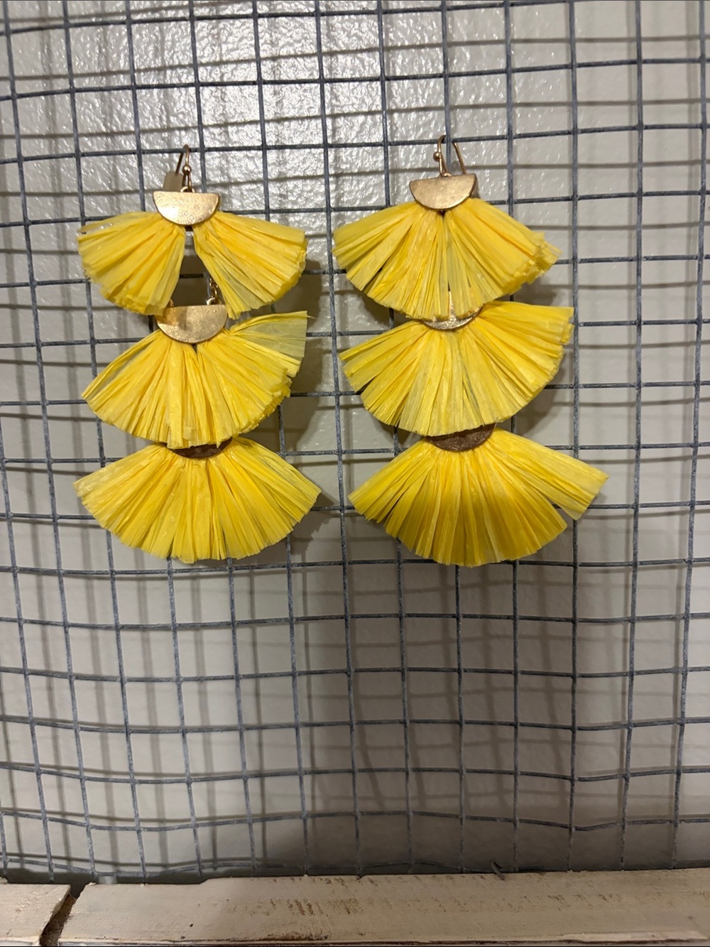 Yellow Tiered Raffia Fan Drop Earrings - Unbranded